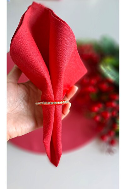 ÖZCHOME 6'lı Yılbaşı Peçete Yüzüğü Halkası Kırmızı Yuvarlak Taşlı Model