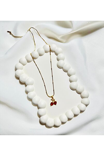 Lucky BE Collection LUCKY B&E KIRMIZI KİRAZ ÇELİK KOLYE GOLD