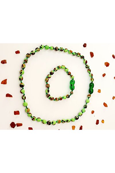Kehribar Sarayı Mosaic Green Amber Kids Necklace Bracelet Set