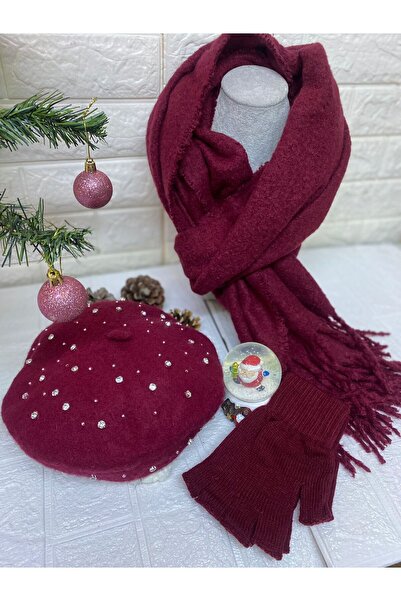 sema aksesuar New Year's Gift Burgundy French Painter Beret with Zirconia, Wi...