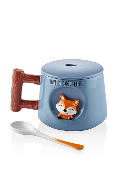 GUNES ZUCCACIYE Ceramic Mug with Fox Animal Figures, Lid and Spoon 370 ml