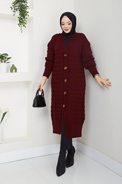 Pamuk Butik Women's Black Basket Knit Buttoned Full Length Knitwear Cardigan