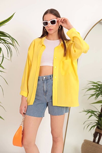 Genel Markalar Modal Kumaş Oversize Kadın Gömlek-Sarı