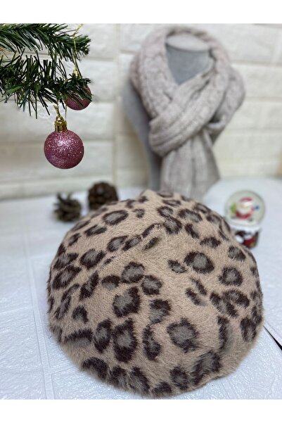 sema aksesuar Mink Color Leopard Pattern Plush French Painter Beret and Knitwear Scarf Set - New Year's Christmas Gift