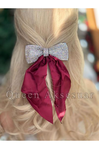 QUEEN AKSESUAR Imported French Automatic Buckle Complete Crystal Stone Plated Burgundy Red Satin Pendant with Bow