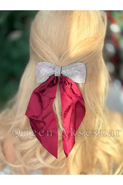 QUEEN AKSESUAR Imported French Automatic Buckle Complete Crystal Stone Plated Burgundy Red Satin Pendant with Bow