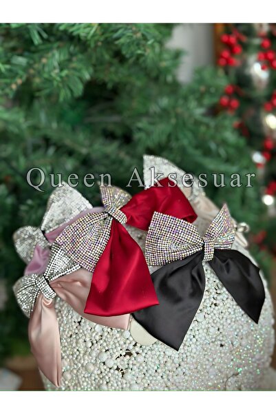 QUEEN AKSESUAR Imported French Automatic Buckle Complete Crystal Stone Plated Burgundy Red Satin Pendant with Bow