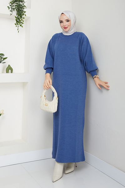 Pamuk Butik Γυναικείο Νυχτερινό Μπλε Πλεκτό Φόρεμα Μπαλόνι Μανίκι