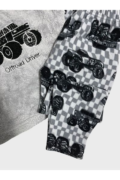 Fil Kids Boy's Gray Car Jip Offroad Pattern Winter Fleece Pajamas Set