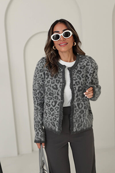 FLEX FASHION Cardigan de damă, cu gât crew, gri antracit, cu imprimeu leopard, din lână