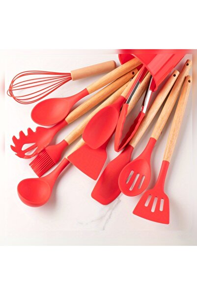 abnturk 12 parça bambu saplı silikon yanmaz yapışmaz standlı kırmızı renk mut...