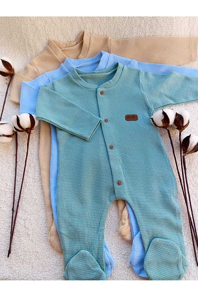 Bilge Trend 100% Cotton Green Blue Beige 3Pcs Waffle Fabric Romper Set for Baby Boy