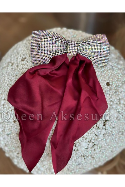 QUEEN AKSESUAR Imported French Automatic Buckle Complete Crystal Stone Plated Burgundy Red Satin Pendant with Bow