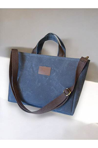 Nuggita Fermuarlı Orta Boy Mumlu Kanvas İndigo Mavi Omuz Çantası