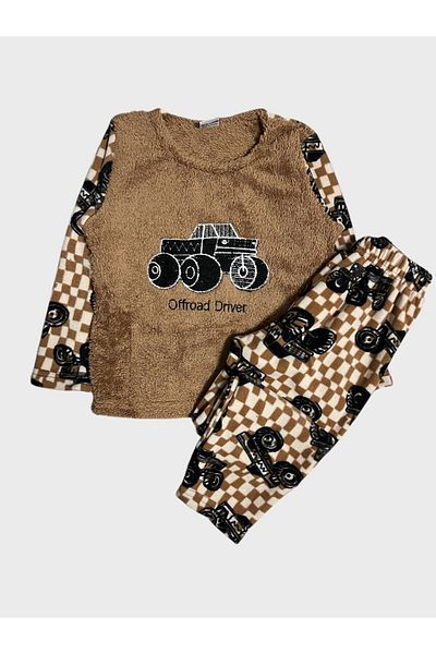 Fil Kids Комплект пижама от полар за момче с кафява кола, джип и офроуд шарки