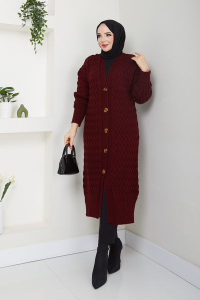 Pamuk Butik Women's Black Basket Knit Buttoned Full Length Knitwear Cardigan