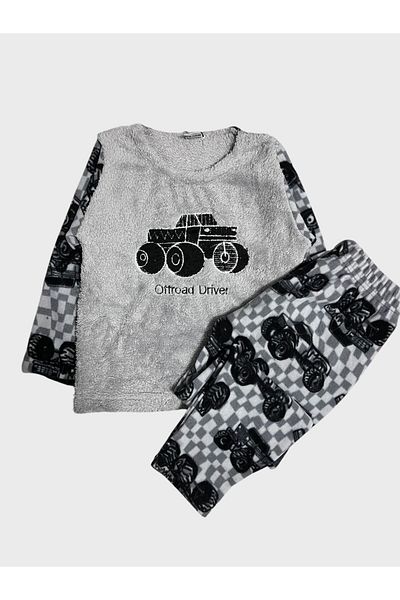 Fil Kids Boy's Gray Car Jip Offroad Pattern Winter Fleece Pajamas Set
