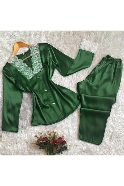 SATTENS Silky Satin Sleeves Lace Satin Pajama Suit