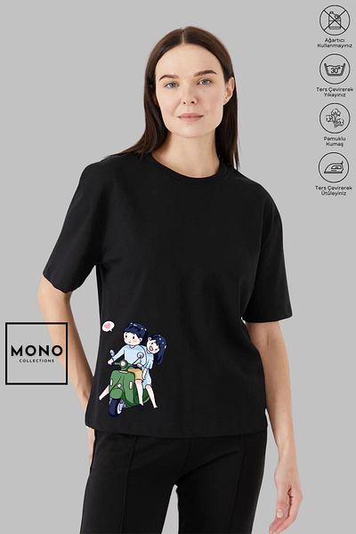 New Shine MONO COLLECTION Unisex Oversize Crew Neck Βαμβακερό μοτέρ Ζευγάρι με εμπριμέ κοντομάνικο μπλουζάκι