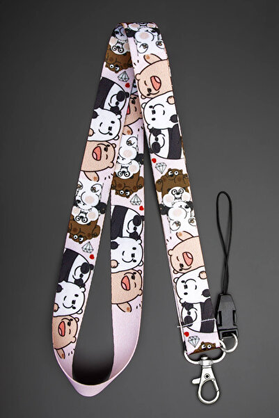 Apptakı Pembe Ayı Desenli Yaka Kartı Boyun Askı İpi Telefon Askı İpi - ASK0144