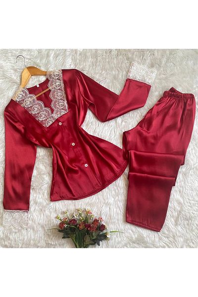 SATTENS Silky Satin Sleeves Lace Satin Pajama Suit