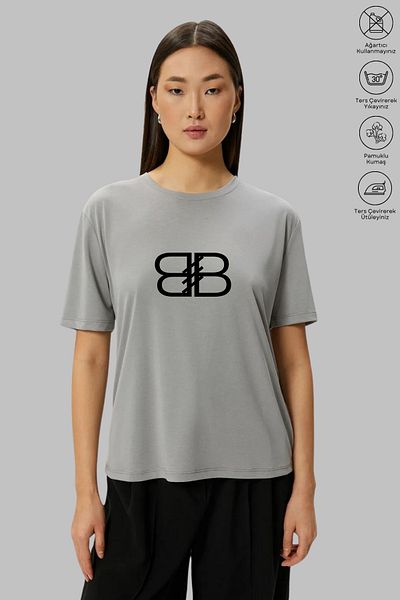 New Shine MONO COLLECTION Unisex Oversize Crew λαιμόκοψη Βαμβακερό γράμμα B με στάμπα κοντομάνικο μπλουζάκι