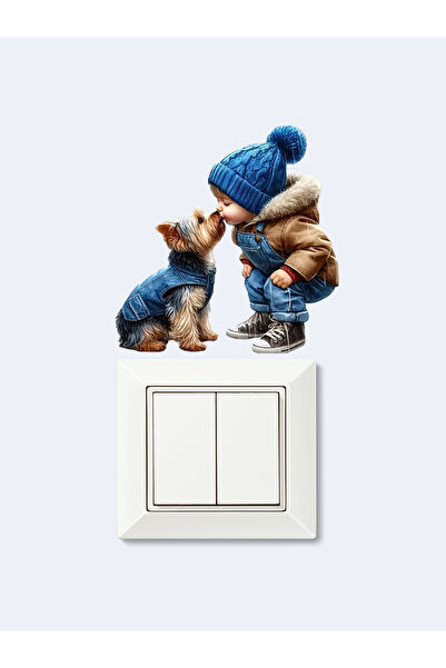 aiki Köpekli Çocuk ve Yağmur  Duvar, Priz, Araba, Cam sticker