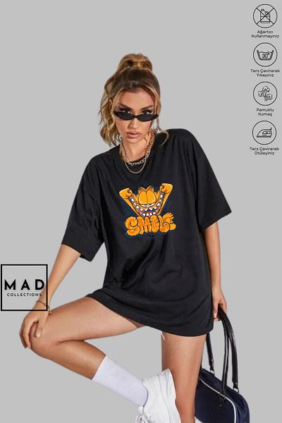 New Shine MAD COLLECTION Unisex Oversize Crew λαιμόκοψη βαμβακερό GARFIELD SMILE εμπριμέ κοντομάνικο μπλουζάκι