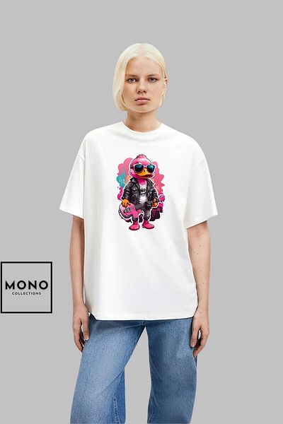 New Shine MONO COLLECTION Unisex Oversize Crew Neck Βαμβακερό ροζ πάπια εμπριμέ κοντομάνικο μπλουζάκι