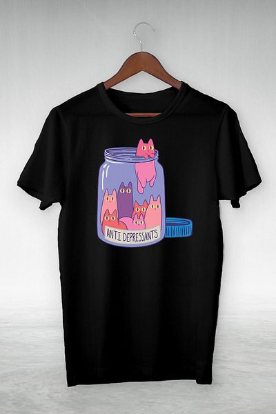 New Shine Unisex Μαύρο - Anti Depressants Cat Illustration Drawing - Vip Design Tshirt
