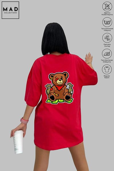New Shine Μπλουζάκι Unisex Oversize Crew Neck Cotton Bear με στάμπα με κοντό μανίκι