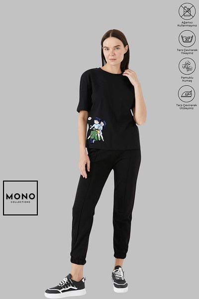 New Shine MONO COLLECTION Unisex Oversize Crew Neck Βαμβακερό μοτέρ Ζευγάρι με εμπριμέ κοντομάνικο μπλουζάκι