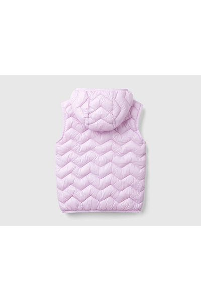 United Colors of Benetton Girl Lila Left Chest Logo Embroidered Side Pocketed Hooded Pufa Vest