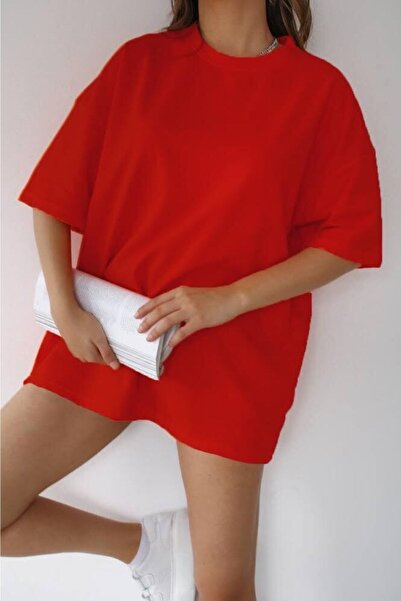 New Shine J Ateş Kırmızı Unisex Pamuk Bisiklet Yaka Boyfriend Örme Oversize T...