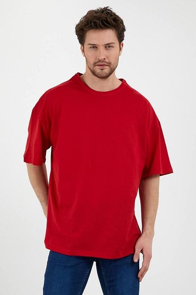 New Shine Μπλουζάκι Unisex Cotton Red Crew Neck Oversize
