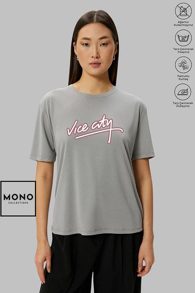 New Shine MONO COLLECTION Unisex Oversize Βαμβακερό κοντομάνικο μπλουζάκι με λαιμόκοψη Vice City