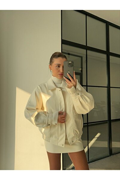 BB Bensu Buyruk Jachetă din piele EKRU cu buzunare detaliate