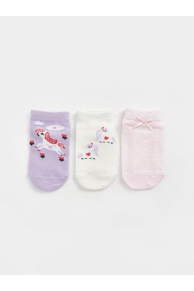 LC Waikiki Baby Lilac Printed Baby Girl Booties Socks 3-Piece