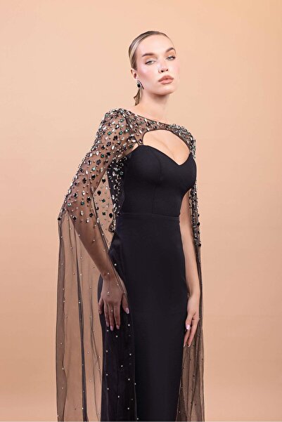 aşkın göksu Siyah Yaka Ve Kollar Tül Taş İşlemeli Midi Boy Krep Kadın Abiye