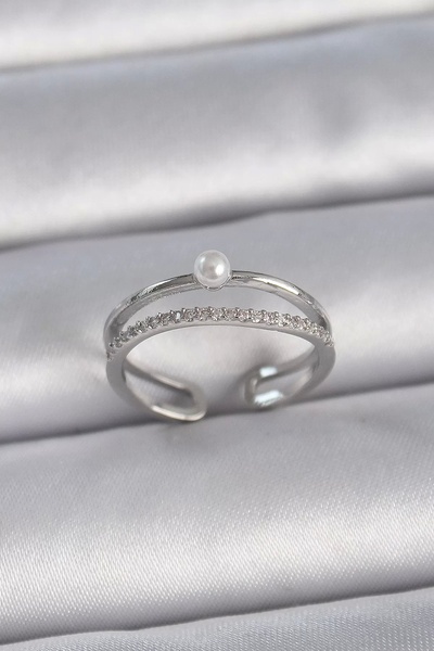 Clariss Brass Silver Color Zircon Stone Pearl Detail Adjustable Model Women's...