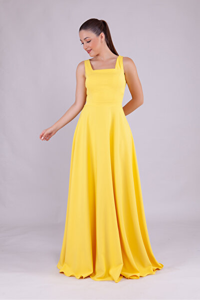 RURIS Kadın Sarı Kare Yaka Kolsuz Maxi Boy Abiye Mezuniyet Elbisesi