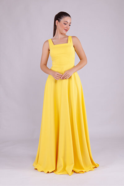 RURIS Kadın Sarı Kare Yaka Kolsuz Maxi Boy Abiye Mezuniyet Elbisesi