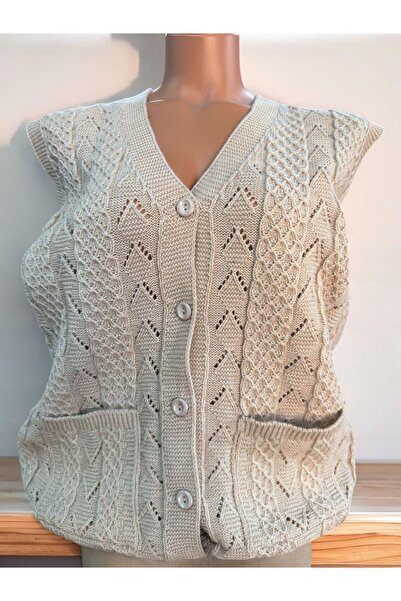 TUTUYA TEXTIL Kazayağı Örgü  Çeyizlik Günlük Cepli Triko Anne Yeleği Kışlık M...