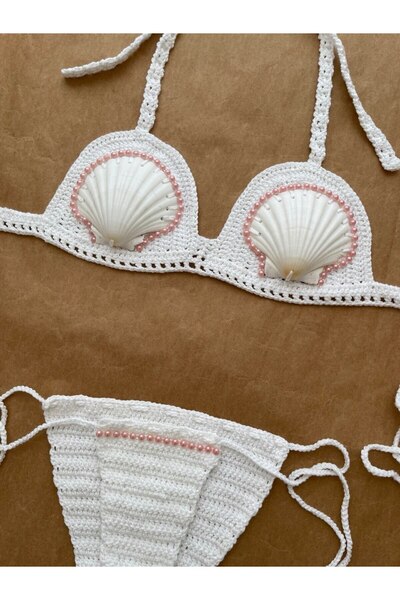 scyllastore Anita Natural Seashell Pink Bead Detailed Special Design Crochet ...