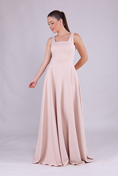 RURIS Kadın Krem Kare Yaka Kolsuz Maxi Boy Abiye Mezuniyet Elbisesi