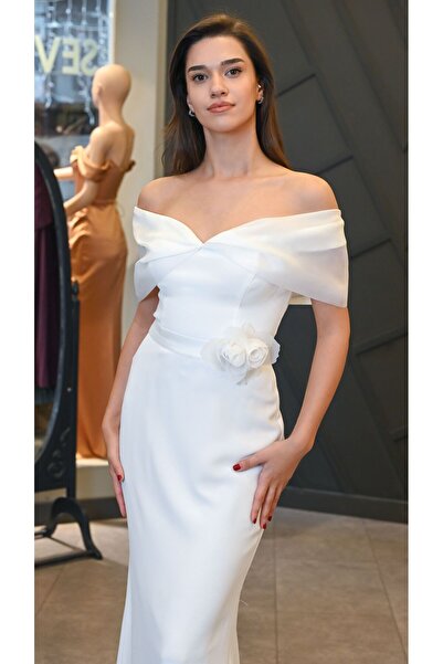 SevinçGüney Prenses Yaka Krep Uzun Abiye Elbise (Nişan ve/veya Nikah)