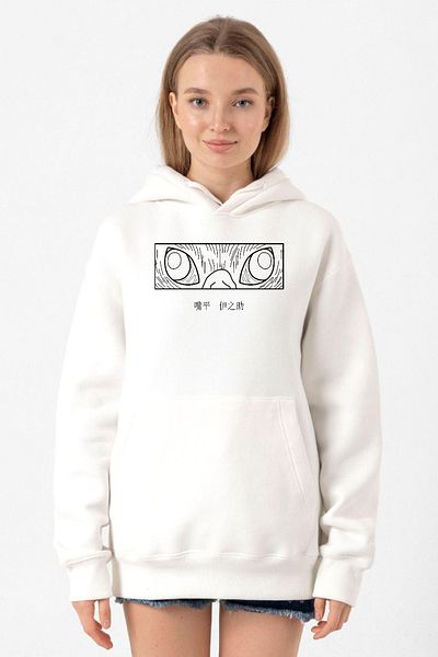 Tshirthane Demon Slayer Anime - Inosuke Hashibira Eyes Print White Women's Hooded Sweatshirt