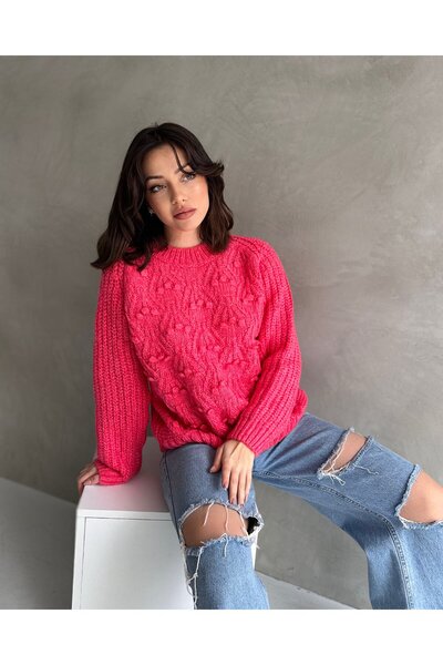 RURIS سترة نسائية فوشيا برقبة دائرية وتفاصيل ملفوفة ومريحة