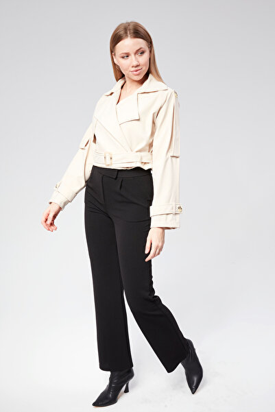 VıoShıne Kadın Soft Kumaş Kruveza Kemerli Crop Ceket