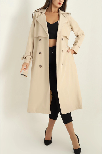 VıoShıne Kadın Kruveza Yaka Kemerli Düğmeli Treçnkot